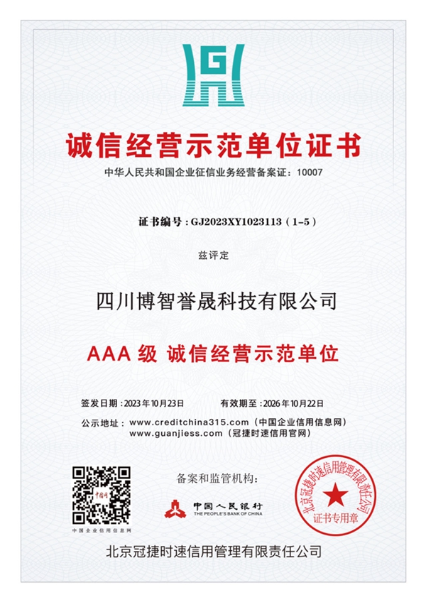 诚信经营示范单位证书